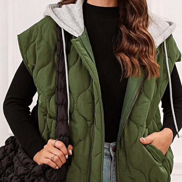 Olive Green Boho Women's Quilted Cozy Free Style Drawstring Hooded Puffer Vest - Picture 2 of 4